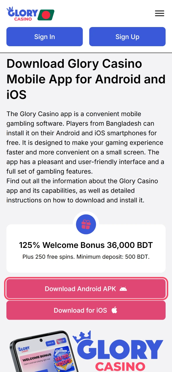 Click this button to get android Glory Casino app.
