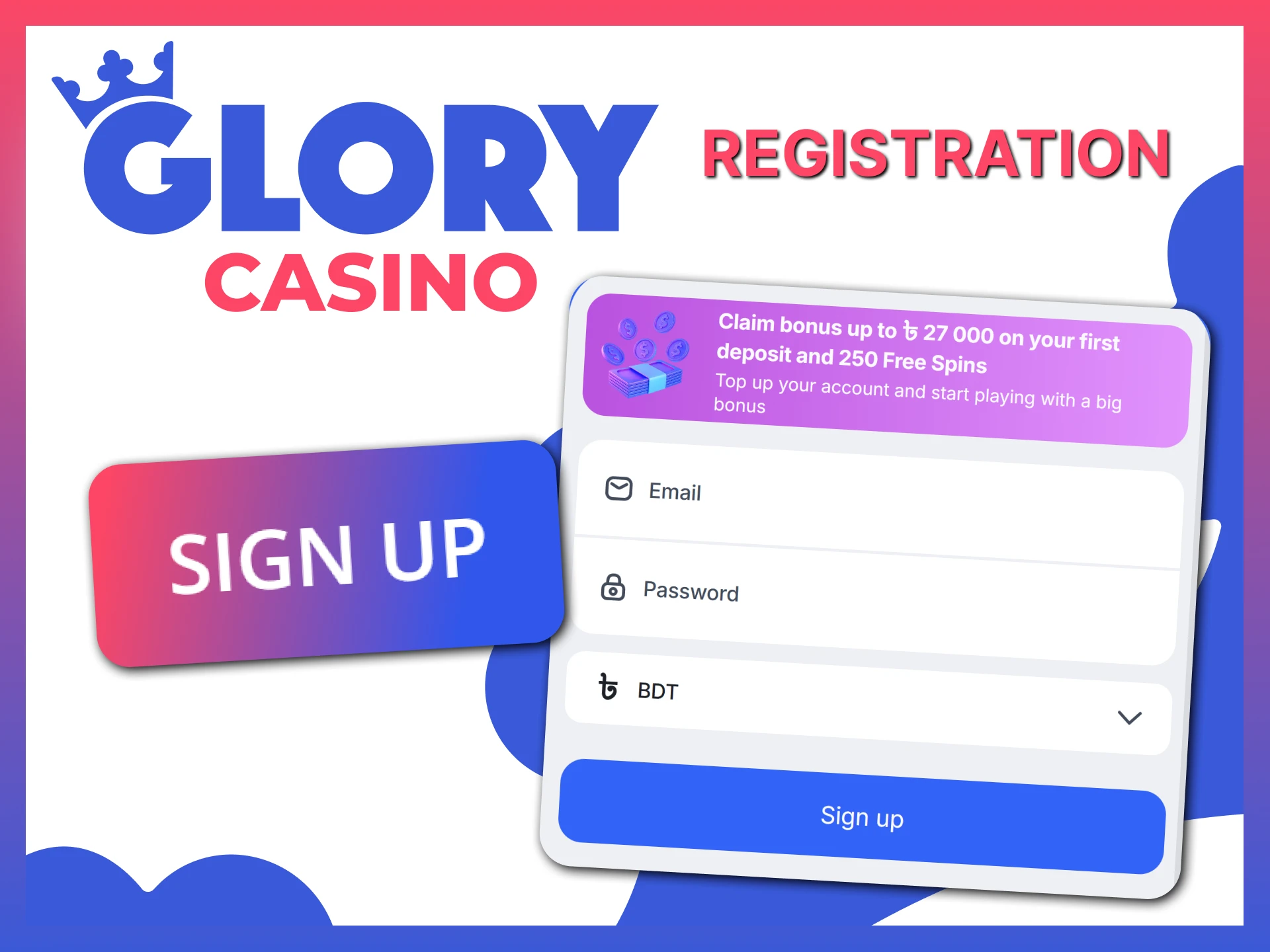 Complete the step-by-step registration in mobile app to activate your Glory Casino account.