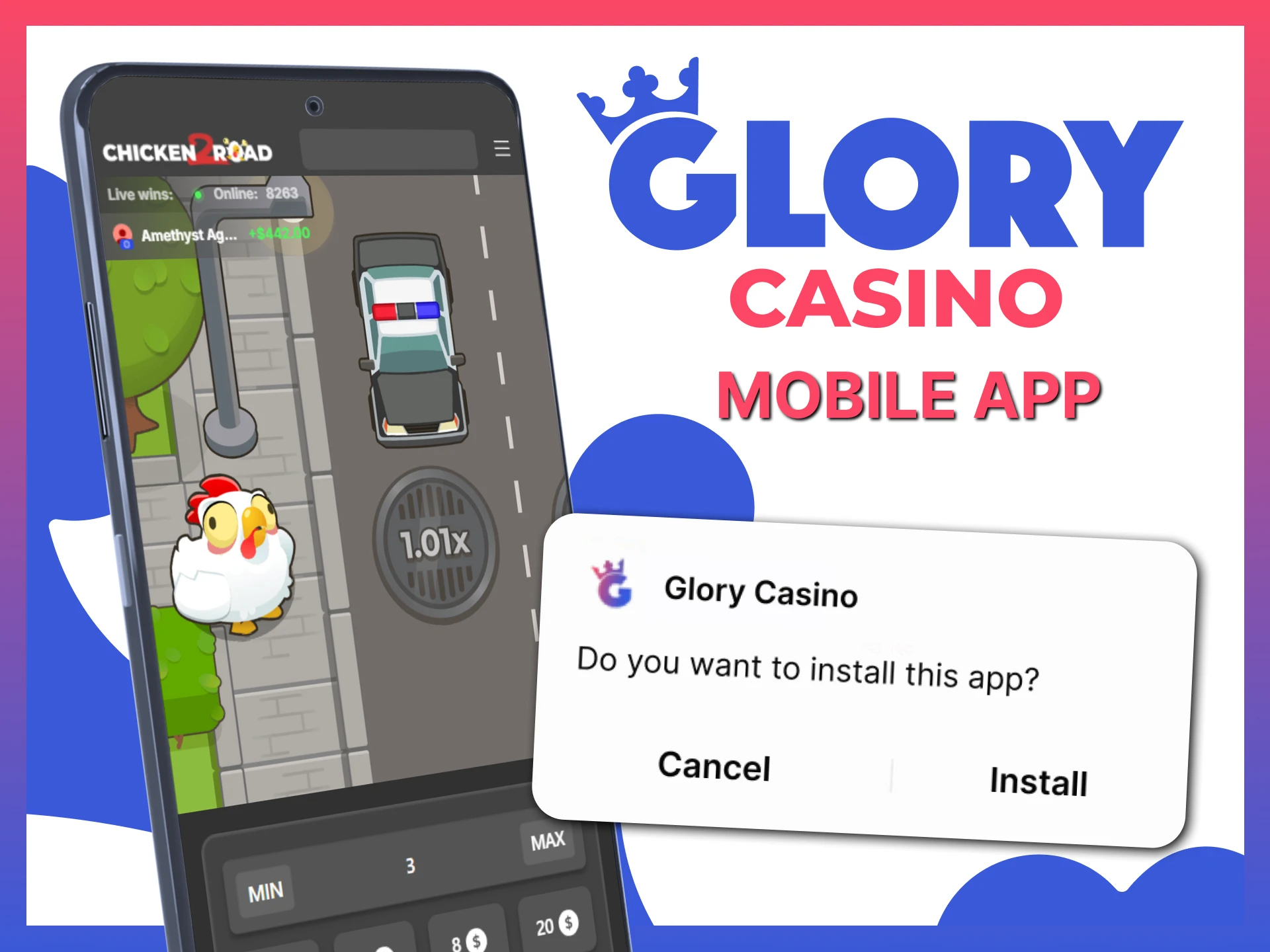 Download the Glory Casino Chicken Road mobile App for Android and iOS devices.