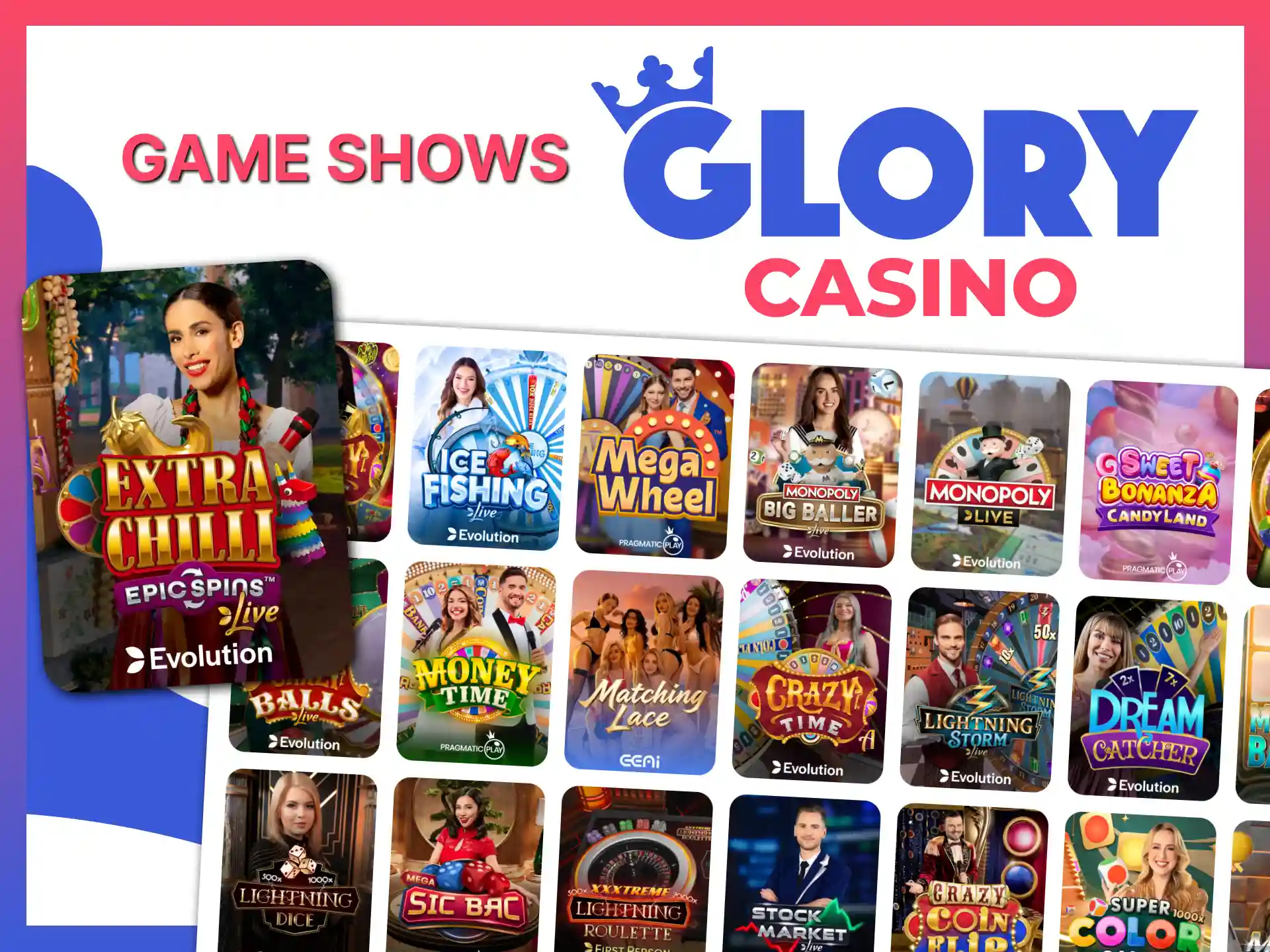 Participate in exciting live Game Shows for huge payouts at Glory Casino.