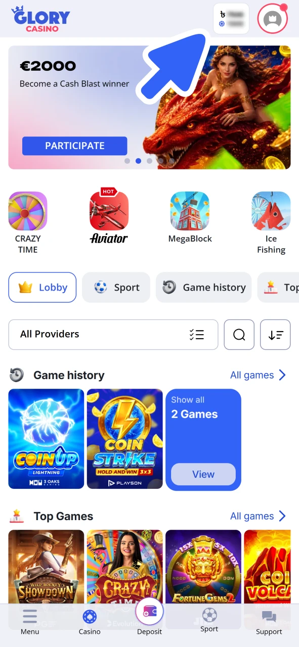 Check your promo code bonus balance at your Glory Casino account.